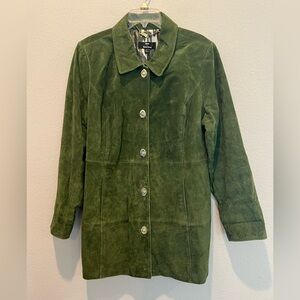 Dennis Basso Green Suede Leather Jacket Women’s Size XL Gold Turnkey Buttons